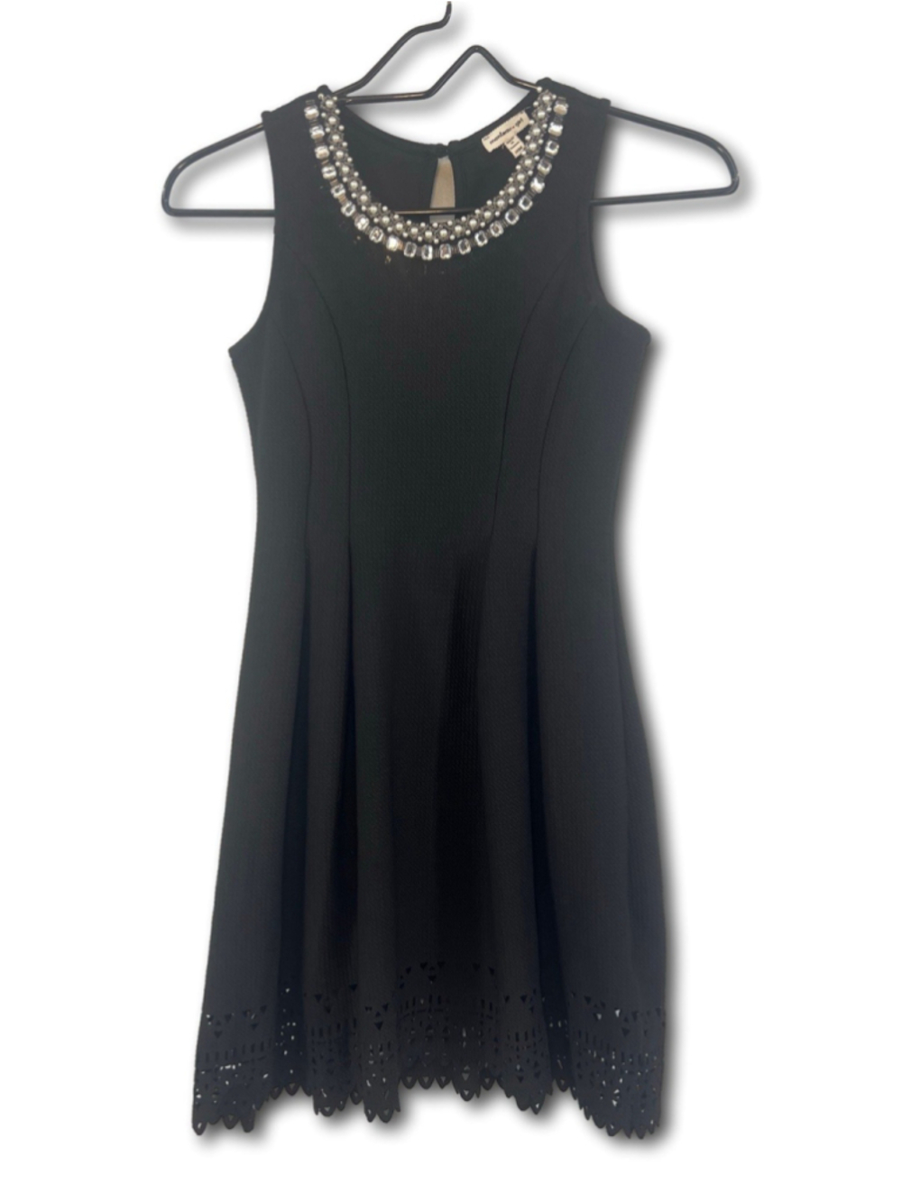 Monteau Girl Black Dress Sleeveless Jewel Neckline Eyelet Hem Size 10 Medium
